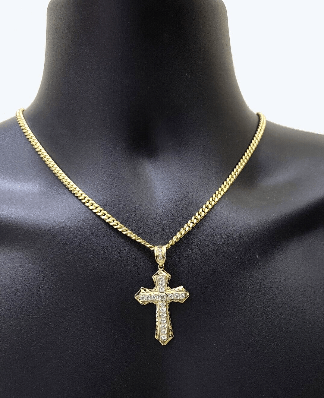 Real 10k Yellow Gold Miami Cuban Chain 5mm 22" inch Necklace Jesus Cross Charm - GoldenlinQ