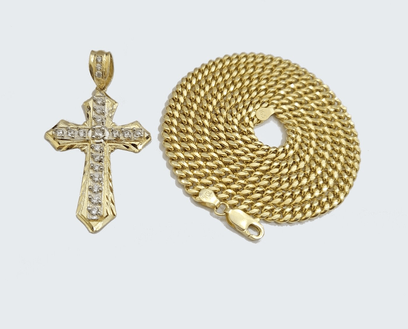Real 10k Yellow Gold Miami Cuban Chain 5mm 22" inch Necklace Jesus Cross Charm - GoldenlinQ
