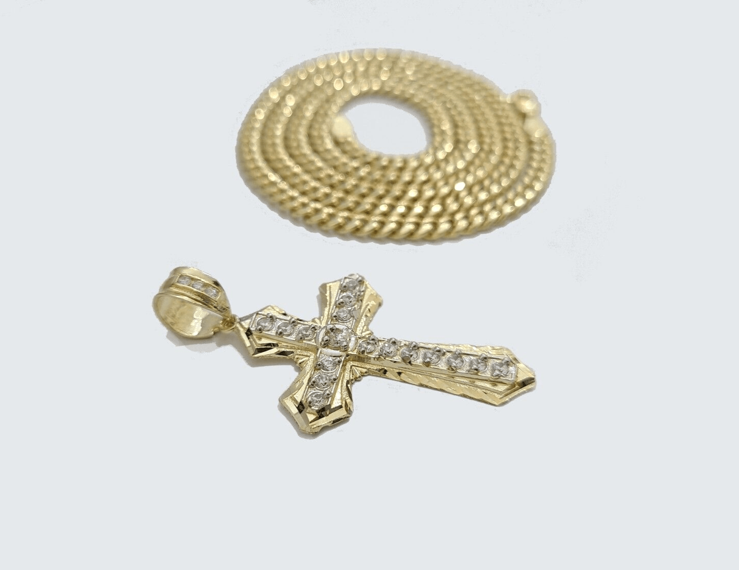 Real 10k Yellow Gold Miami Cuban Chain 5mm 22" inch Necklace Jesus Cross Charm - GoldenlinQ