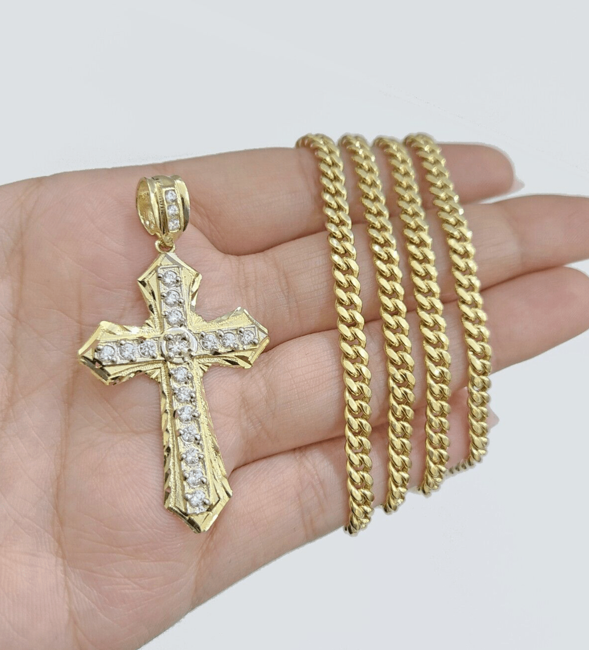 Real 10k Yellow Gold Miami Cuban Chain 5mm 26" inch Necklace Jesus Cross Charm - GoldenlinQ
