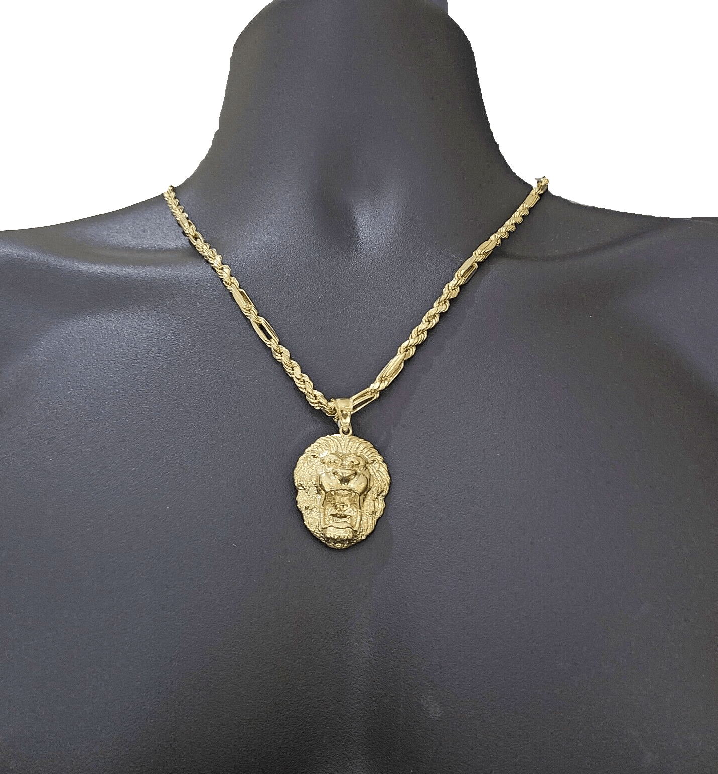 Real 10k Yellow Gold Milano Rope Chain 22 Inch Necklace Lion Head Charm Pendant - GoldenlinQ