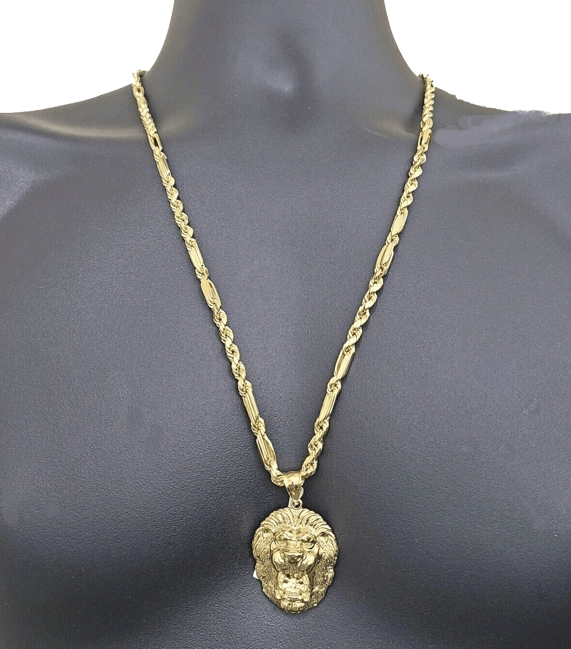 Real 10k Yellow Gold Milano Rope Chain 22 Inch Necklace Lion Head Charm Pendant - GoldenlinQ