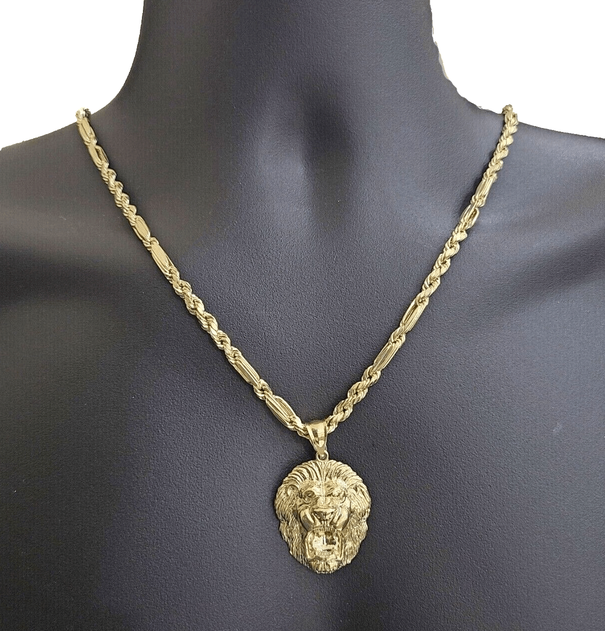 Real 10k Yellow Gold Milano Rope Chain 22 Inch Necklace Lion Head Charm Pendant - GoldenlinQ