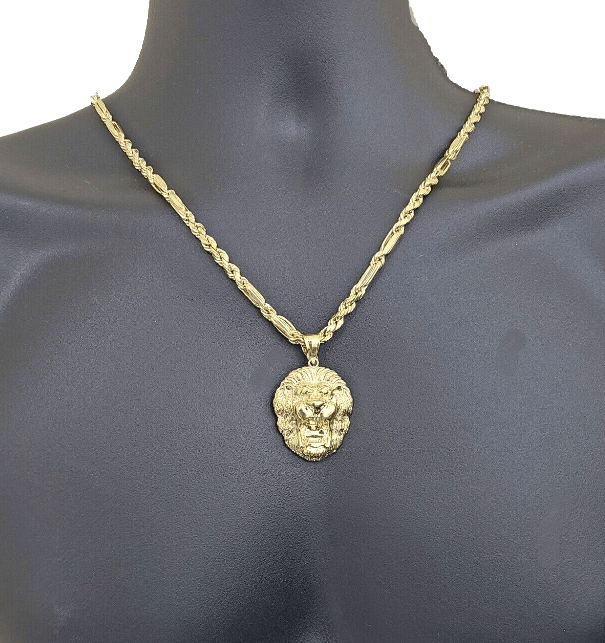Real 10k Yellow Gold Milano Rope Chain 22 Inch Necklace Lion Head Charm Pendant - GoldenlinQ
