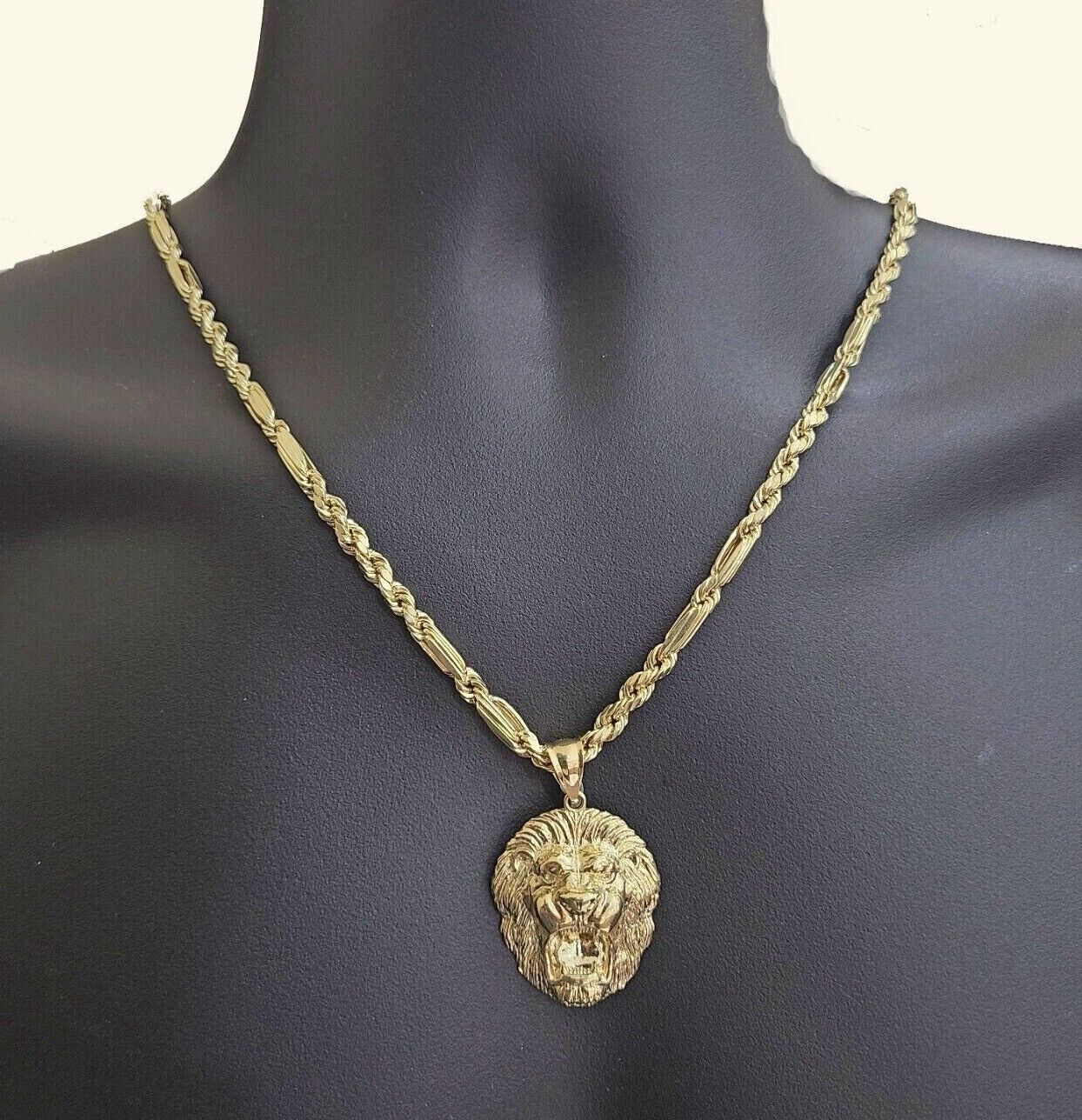 Real 10k Yellow Gold Milano Rope Chain 26'' Necklace Lion Head charm pendant - GoldenlinQ