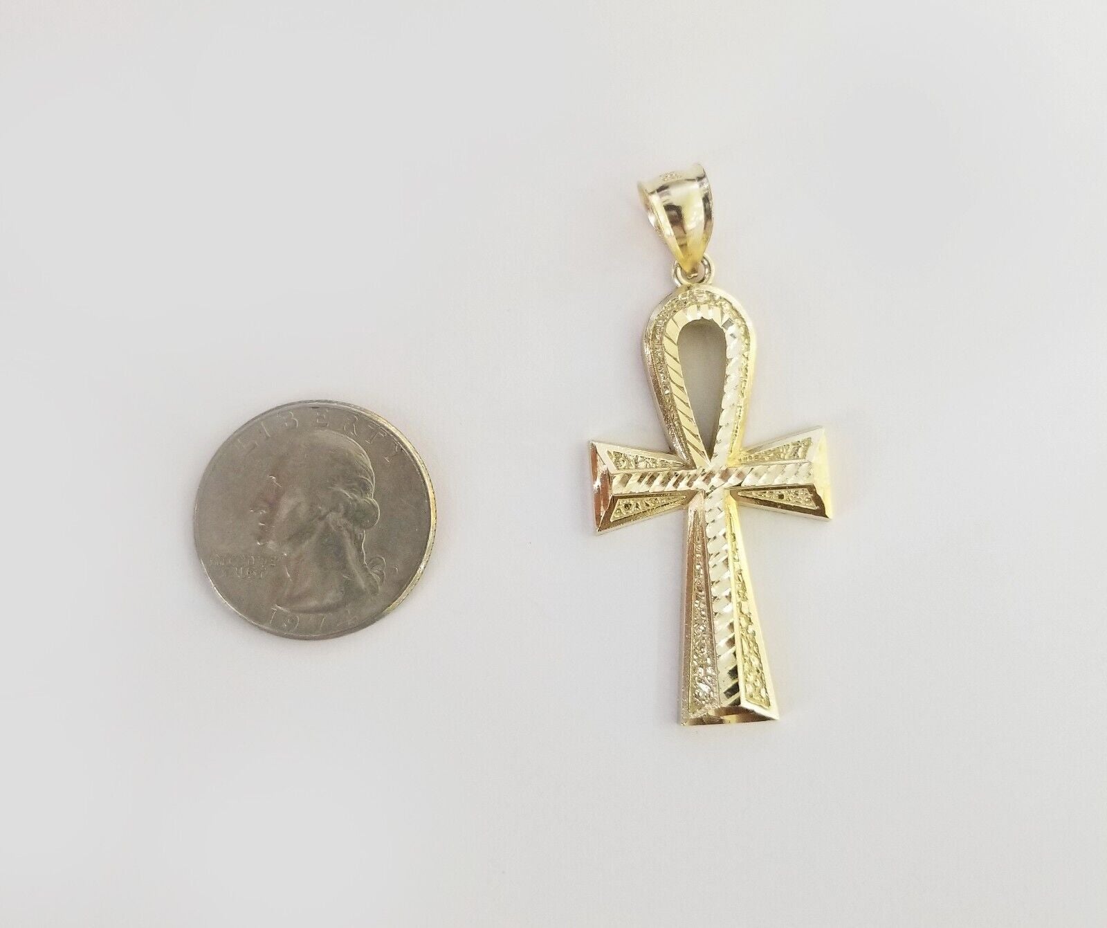 Real 10k Yellow Gold Pendant Ankh Charm Cross Diamond Cut 10kt Gold For Chain - GoldenlinQ