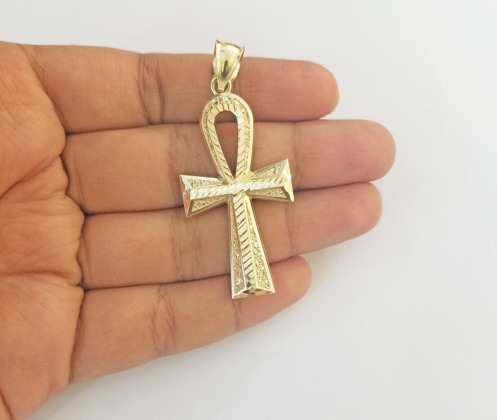 Real 10k Yellow Gold Pendant Ankh Charm Cross Diamond Cut 10kt Gold For Chain - GoldenlinQ