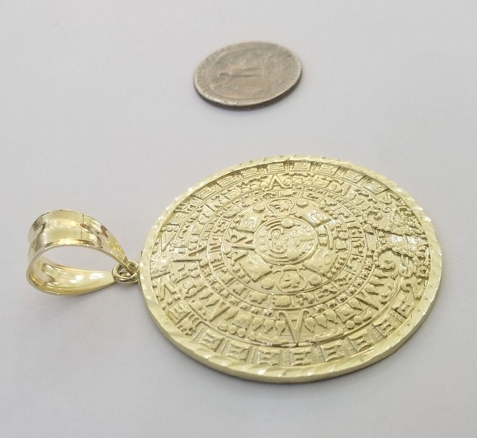 Real 10k Yellow Gold Pendant Circular Mayan Calendar Charm 2.5" SOLID 10kt - GoldenlinQ