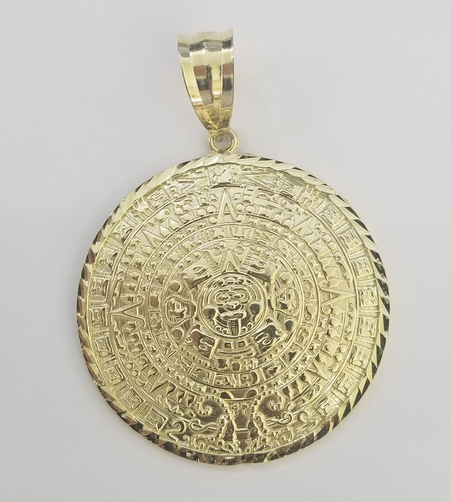Real 10k Yellow Gold Pendant Circular Mayan Calendar Charm 2.5" SOLID 10kt - GoldenlinQ