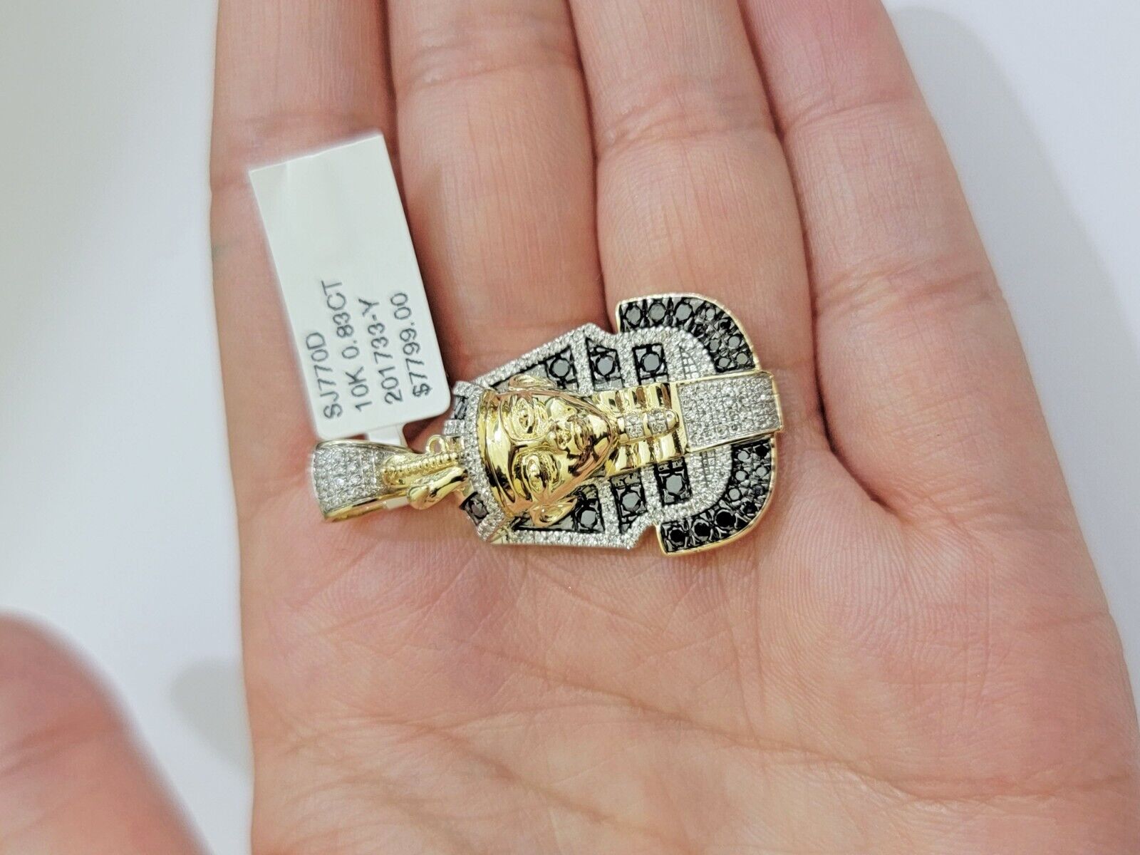 Real 10k Yellow Gold Pharoah Head Charm Pendant With black & White Diamonds Mens - GoldenlinQ