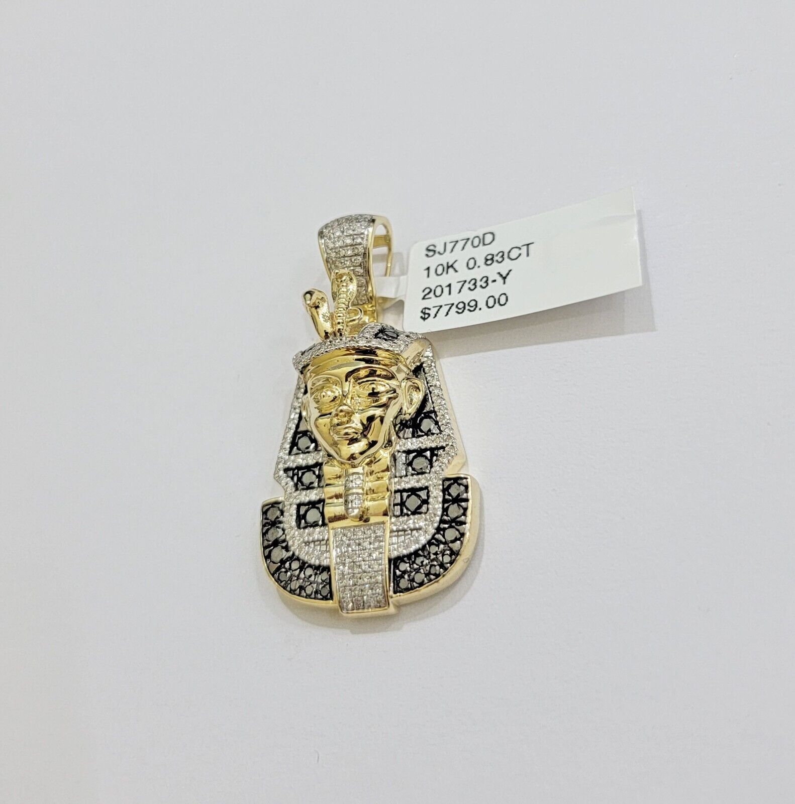 Real 10k Yellow Gold Pharoah Head Charm Pendant With black & White Diamonds Mens - GoldenlinQ