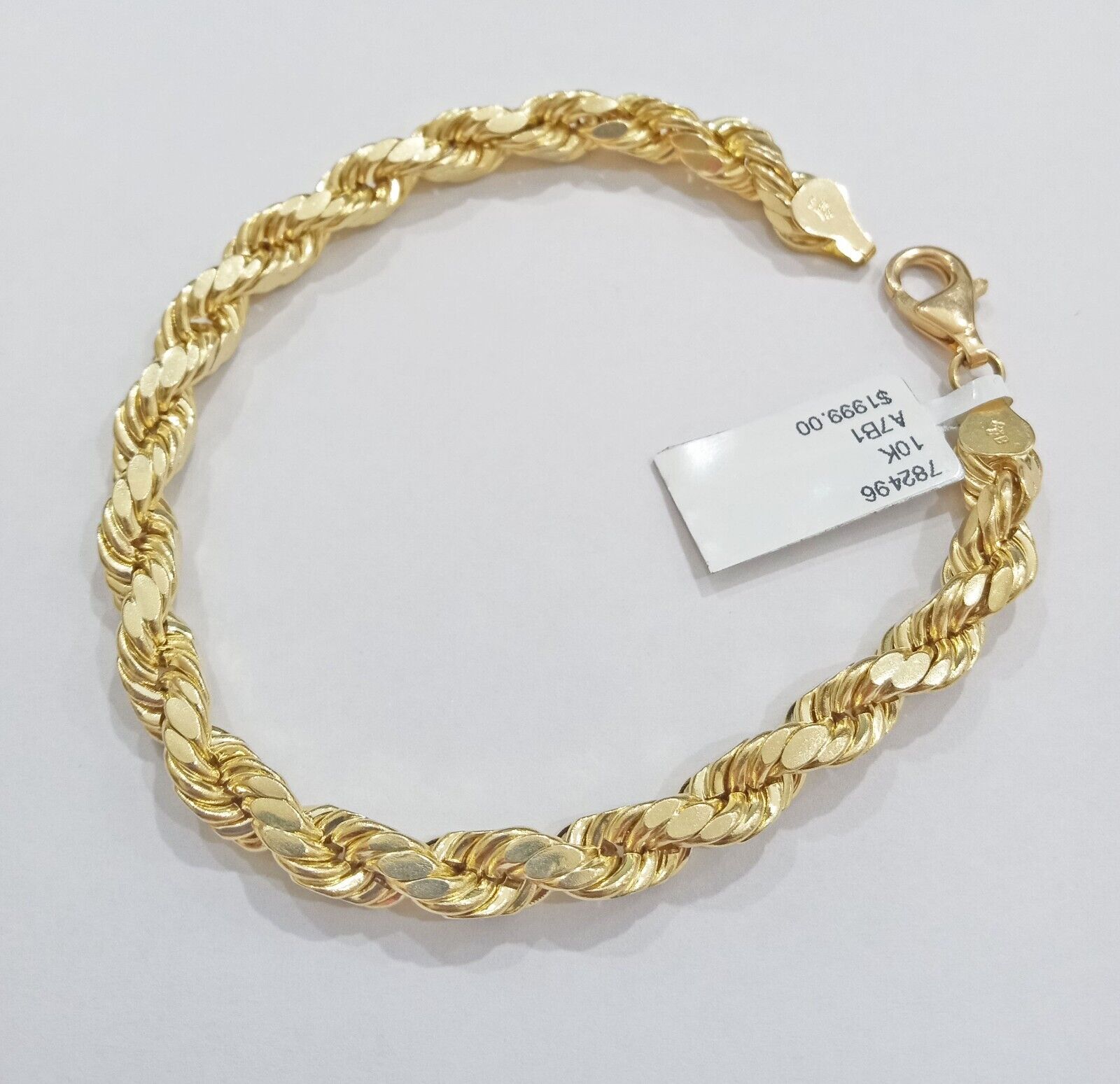 Real 10k Yellow Gold rope Bracelet 6.5mm 8" lobster lock 10kt new for men - GoldenlinQ