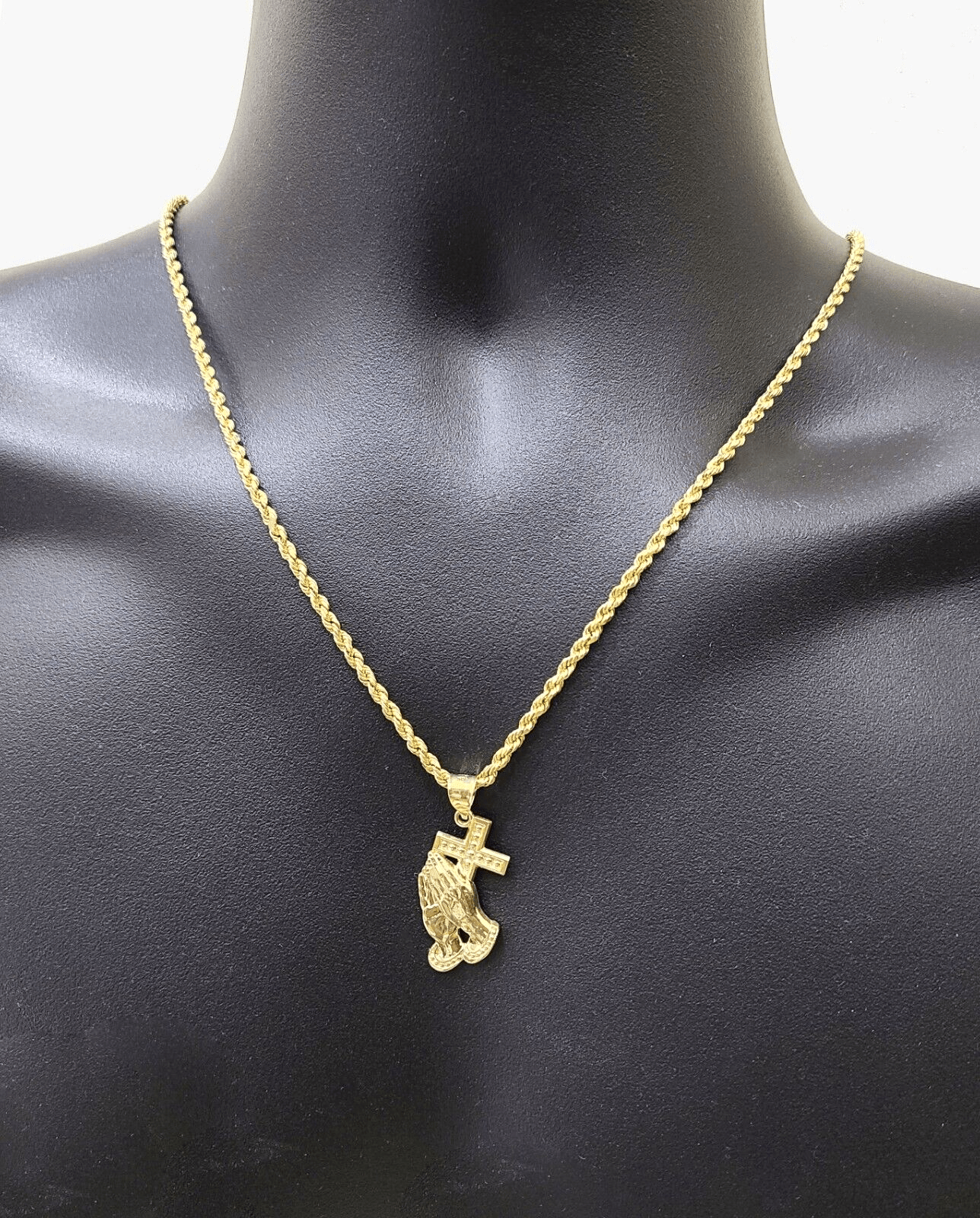 Real 10k Yellow Gold Rope Chain 20'' Necklace Praying Hand Cross Charm Pendant - GoldenlinQ