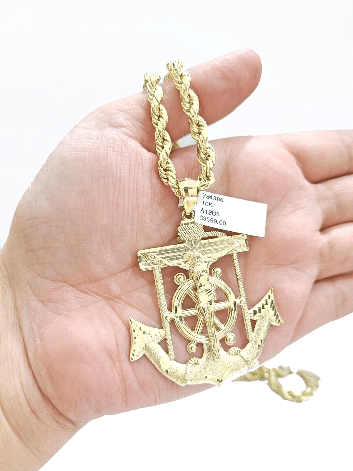 Real 10k Yellow Gold Rope Chain 22'' Necklace anchor cross charm pendant - GoldenlinQ