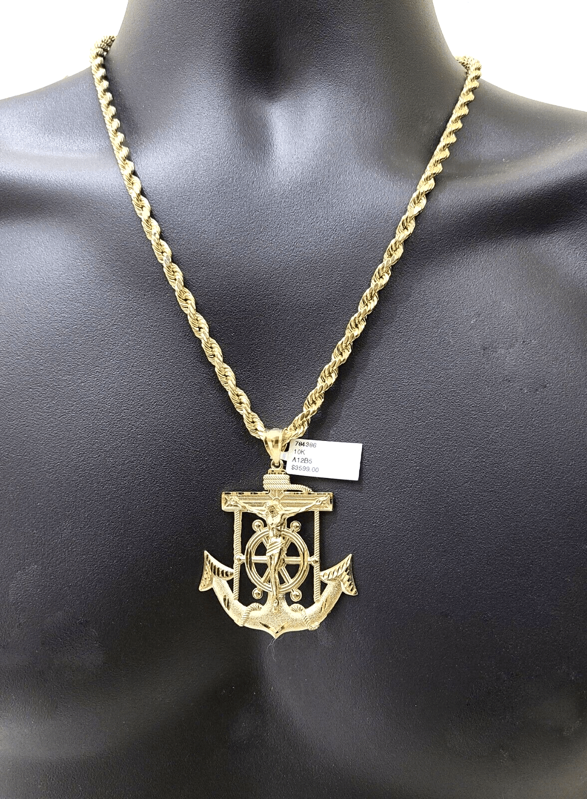Real 10k Yellow Gold Rope Chain 22'' Necklace anchor cross charm pendant - GoldenlinQ