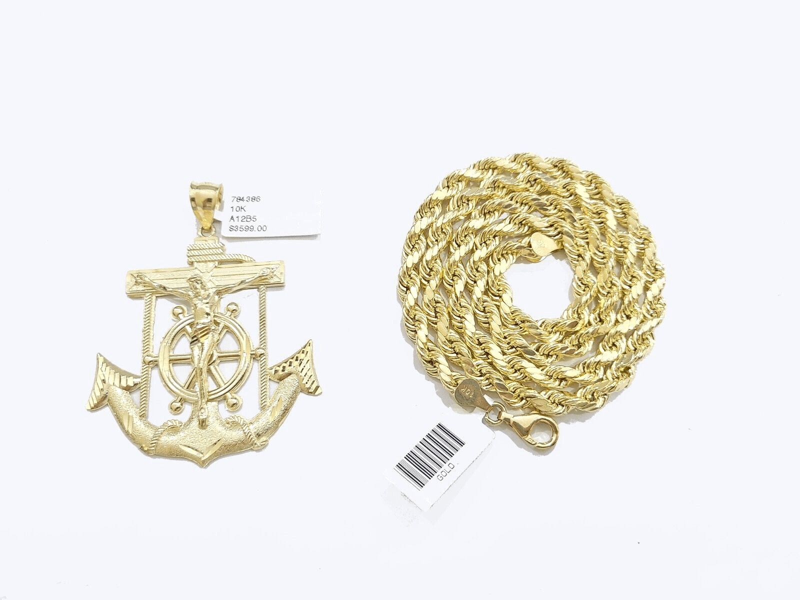 Real 10k Yellow Gold Rope Chain 22'' Necklace anchor cross charm pendant - GoldenlinQ