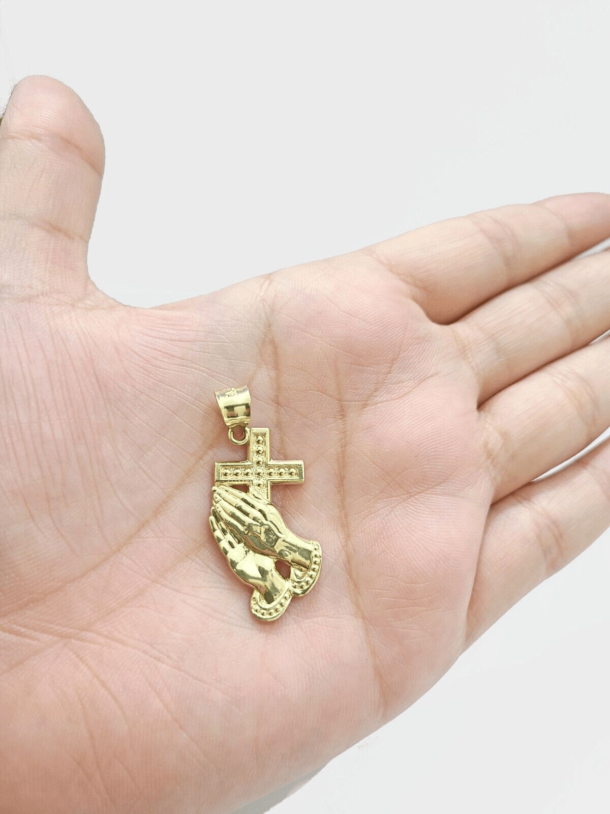 Real 10k Yellow Gold Rope Chain 22'' Necklace Praying Hand Cross Charm Pendant - GoldenlinQ