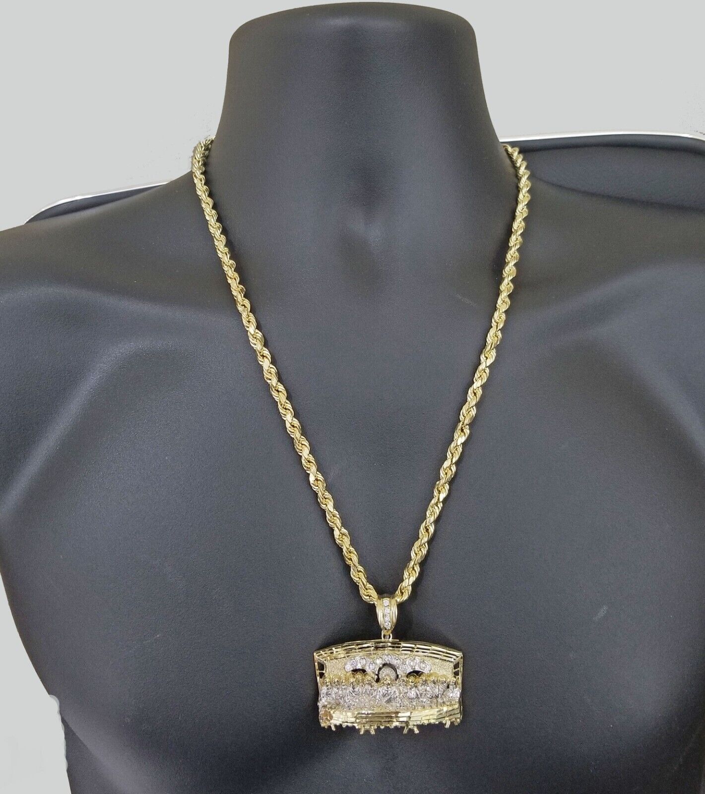 Real 10k Yellow Gold Rope Chain 24" inch Necklace And Charm Last Supper Pendant - GoldenlinQ