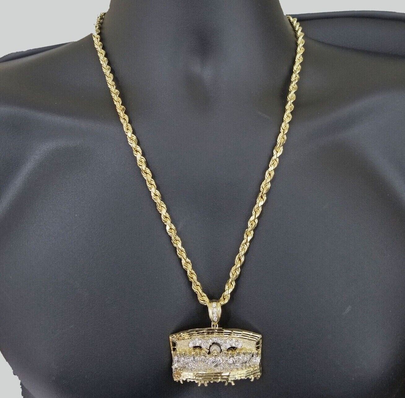 Real 10k Yellow Gold Rope Chain 24" inch Necklace And Charm Last Supper Pendant - GoldenlinQ