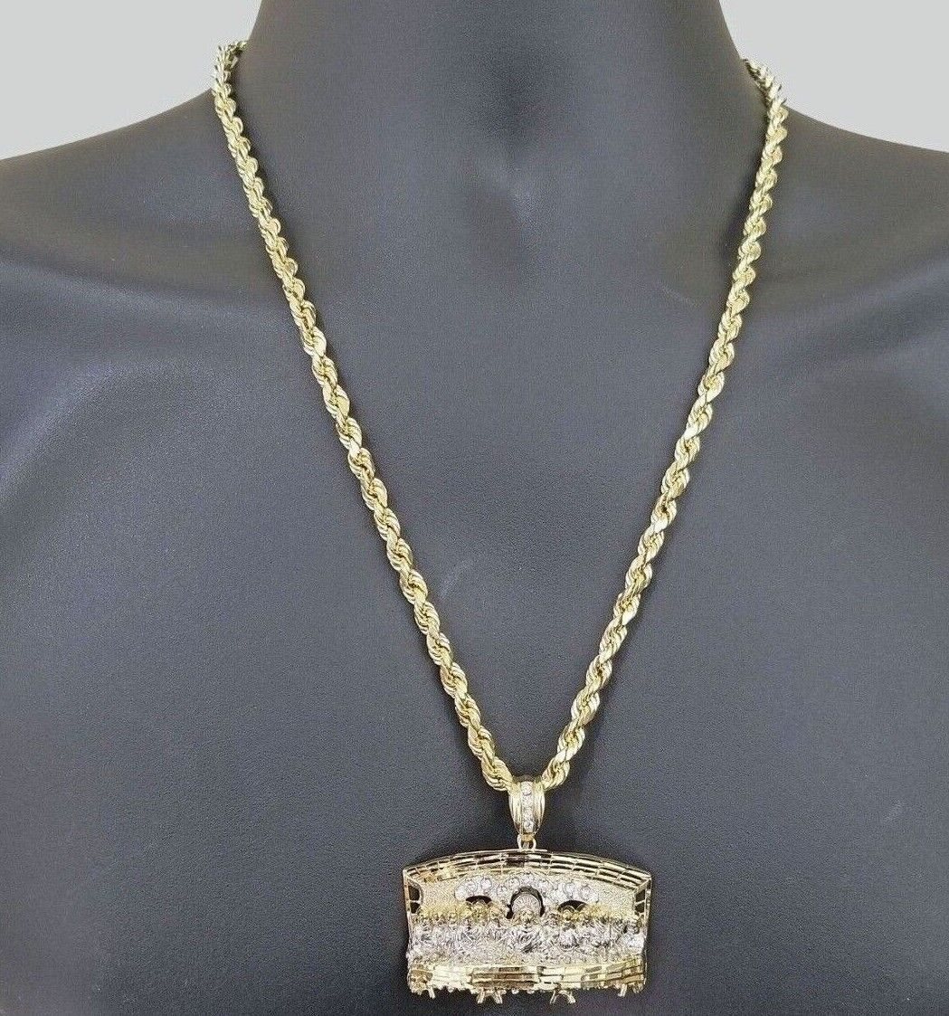 Real 10k Yellow Gold Rope Chain 24" inch Necklace And Charm Last Supper Pendant - GoldenlinQ