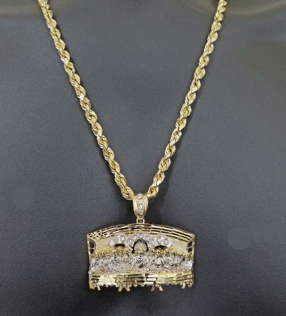 Real 10k Yellow Gold Rope Chain 24" inch Necklace And Charm Last Supper Pendant - GoldenlinQ