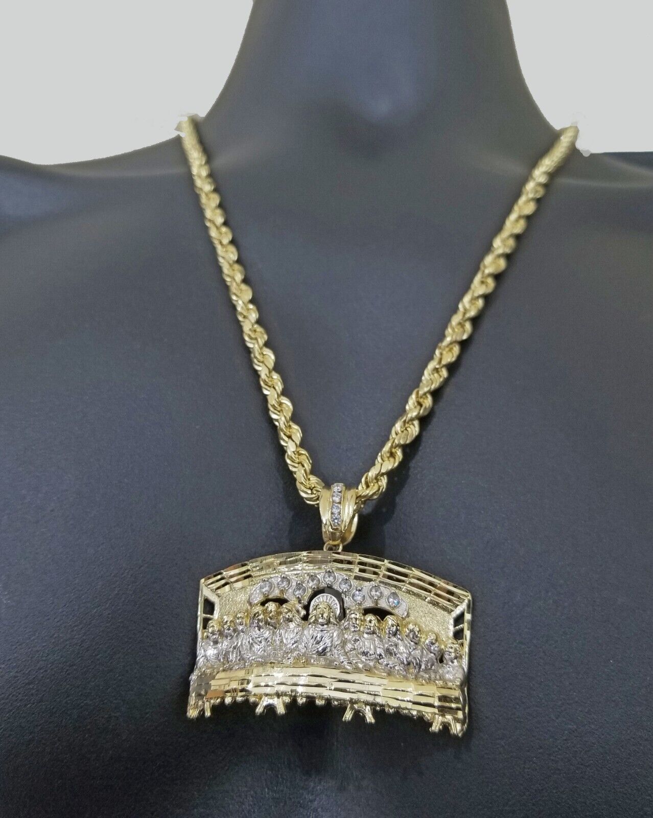 Real 10k Yellow Gold Rope Chain 24" inch Necklace And Charm Last Supper Pendant - GoldenlinQ