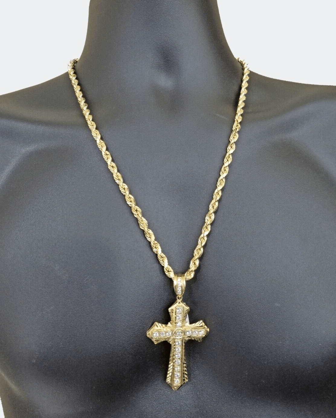 Real 10k Yellow Gold Rope Chain 24" inch Necklace And Cross Pendant 6mm - GoldenlinQ