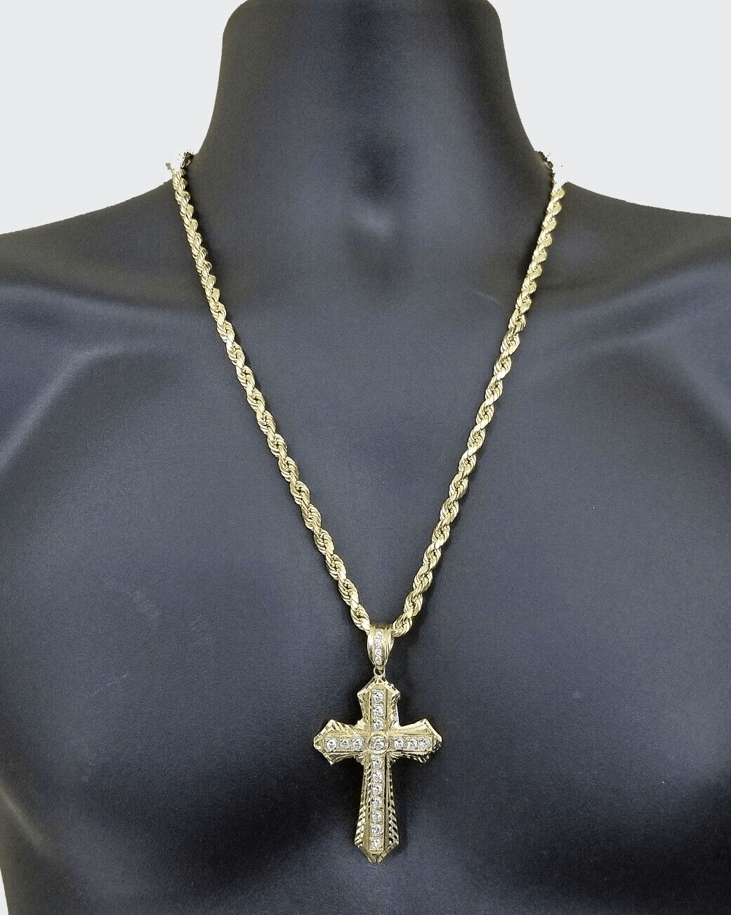Real 10k Yellow Gold Rope Chain 24" inch Necklace And Cross Pendant 6mm - GoldenlinQ