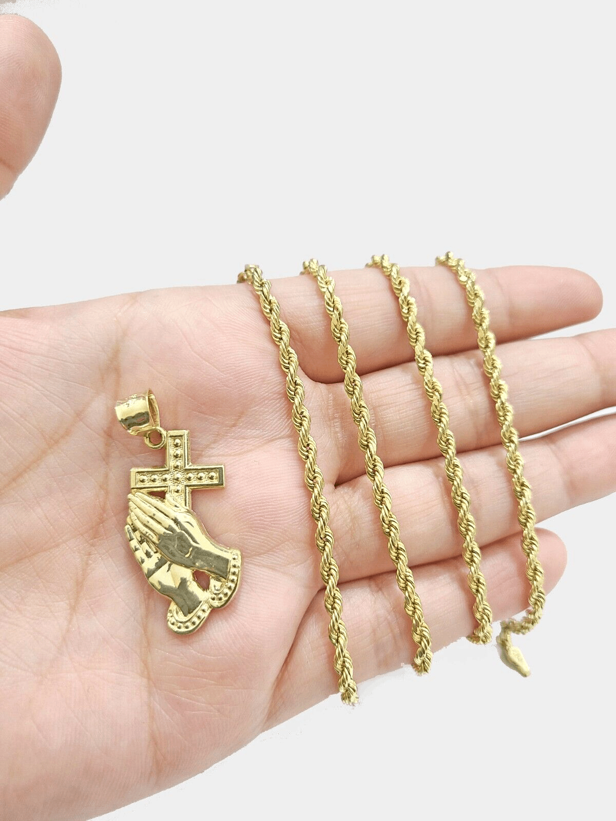 Real 10k Yellow Gold Rope Chain 24'' Necklace Praying Hand Cross Charm Pendant - GoldenlinQ