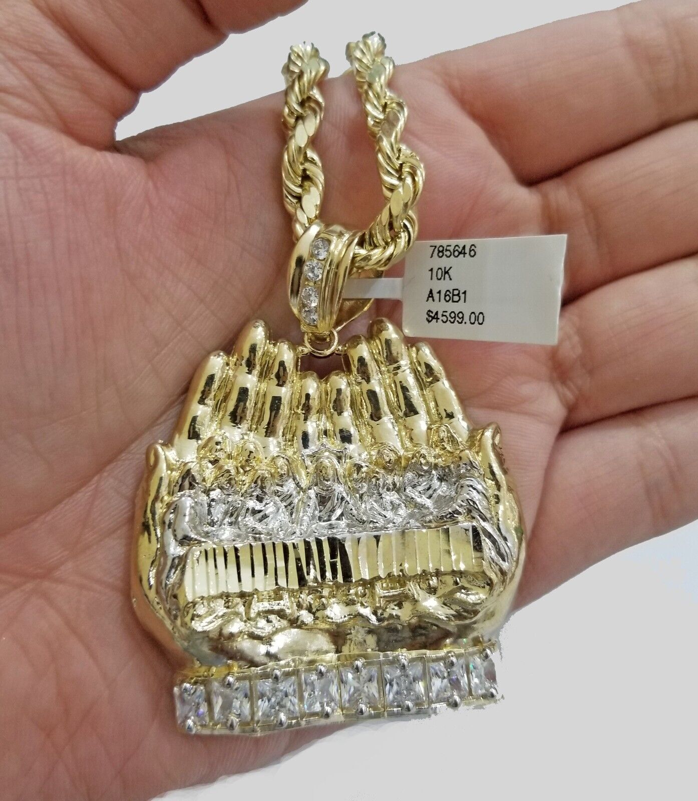 Real 10k Yellow Gold Rope Chain 24" Necklace Praying Hand Last Supper Pendant - GoldenlinQ