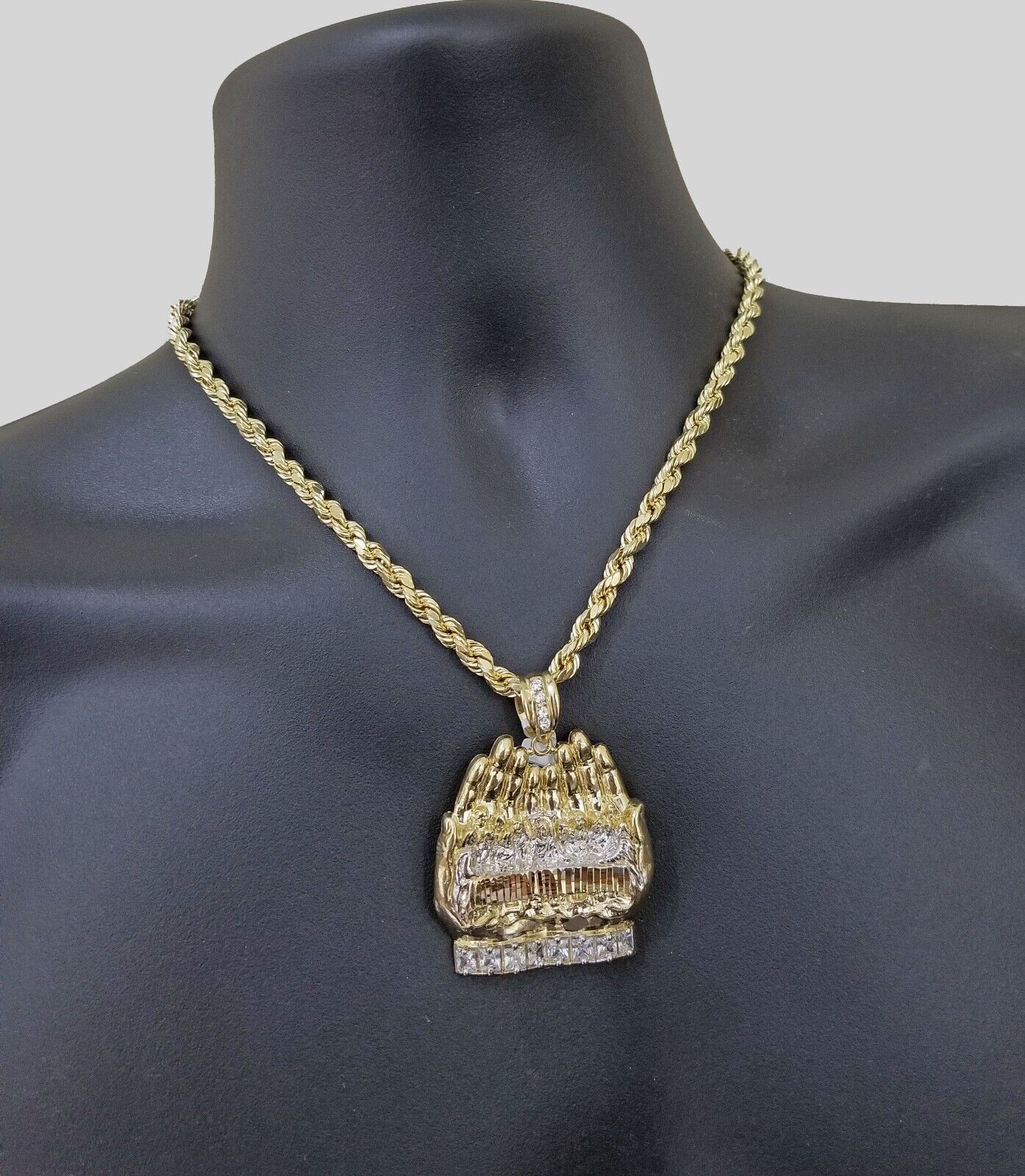 Real 10k Yellow Gold Rope Chain 24" Necklace Praying Hand Last Supper Pendant - GoldenlinQ