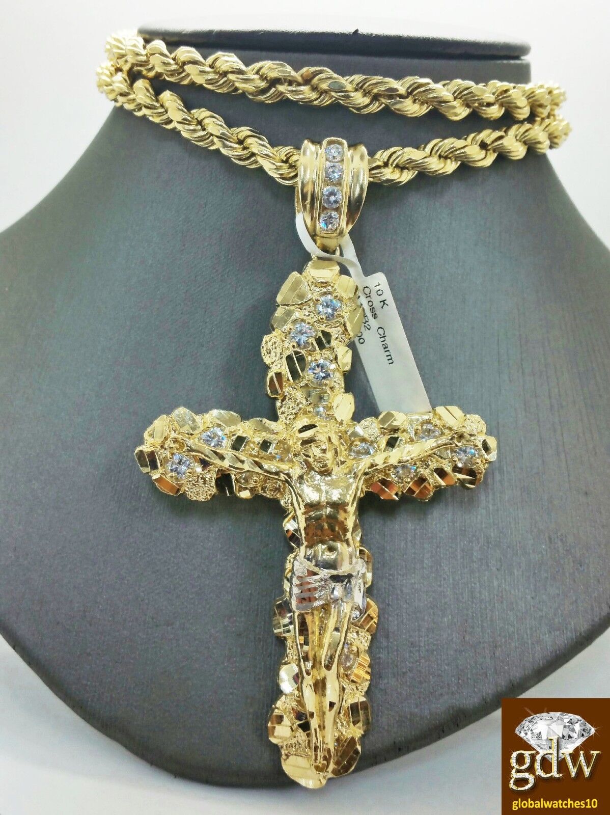 Real 10k Yellow Gold Rope Chain 26" 7mm And Real 10k Jesus Cross - GoldenlinQ