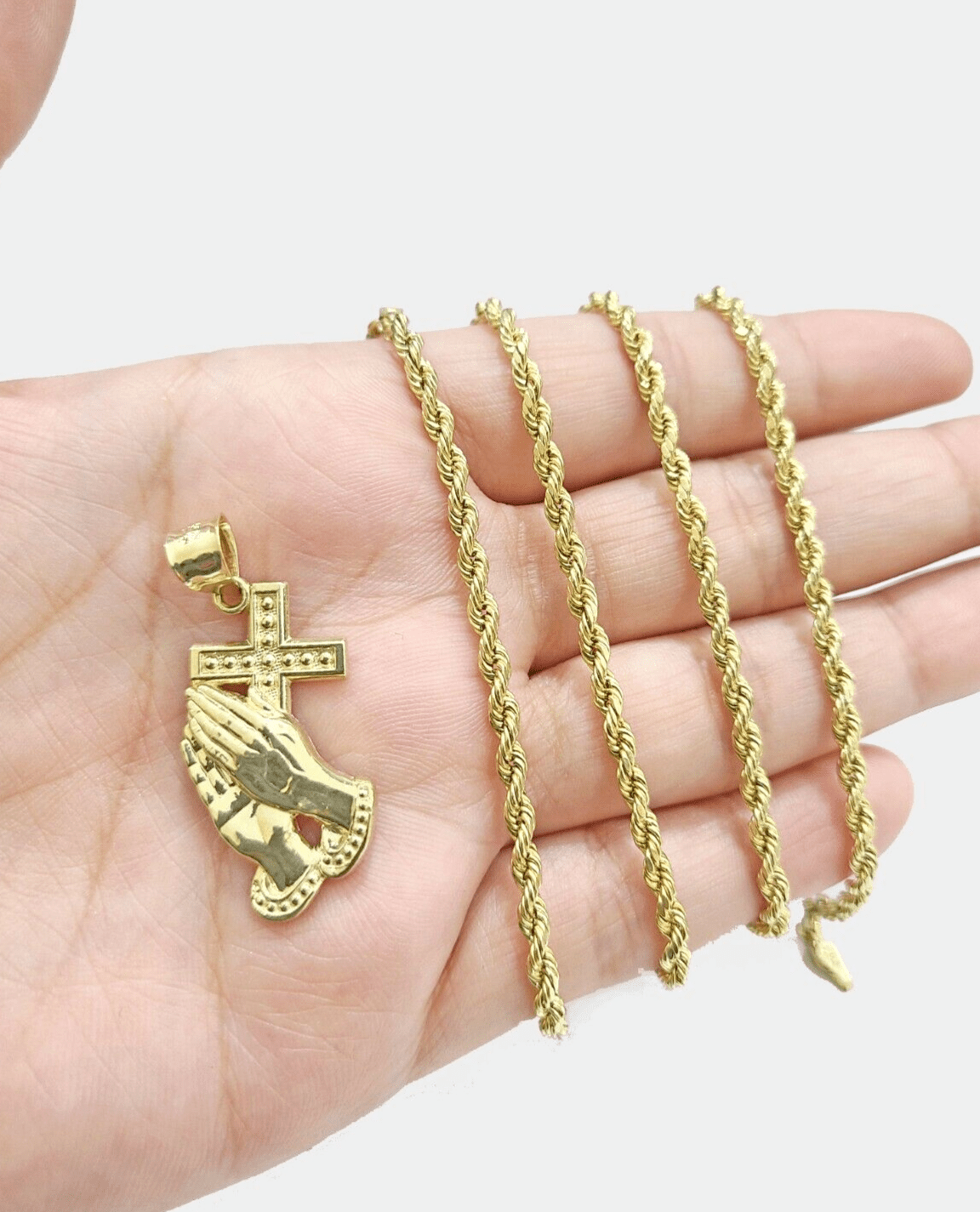 Real 10k Yellow Gold Rope Chain 26'' Necklace Praying Hand Cross Charm Pendant - GoldenlinQ