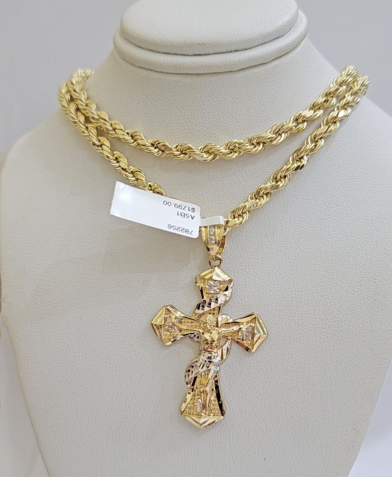 Real 10k Yellow Gold Rope Chain 5mm 24 inch Necklace & Jesus Cross Charm Pendant Set - GoldenlinQ