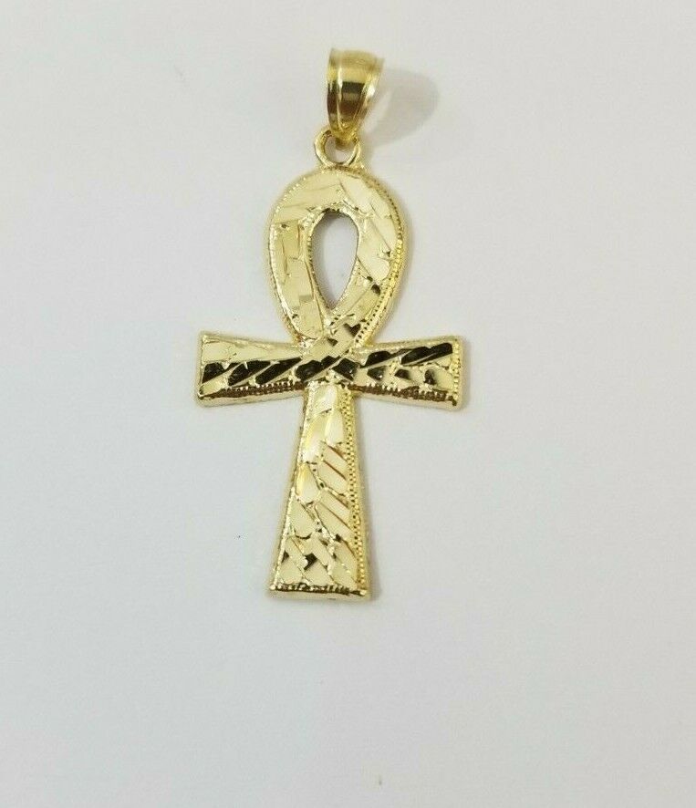 REAL 10k Yellow Gold Rope Chain Ankh Cross Charm Pendant 3mm Necklace Set 16 - 28" - GoldenlinQ