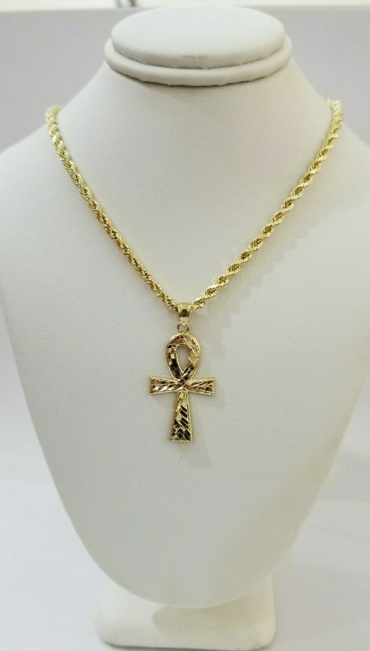 REAL 10k Yellow Gold Rope Chain Ankh Cross Charm Pendant 3mm Necklace Set 16 - 28" - GoldenlinQ