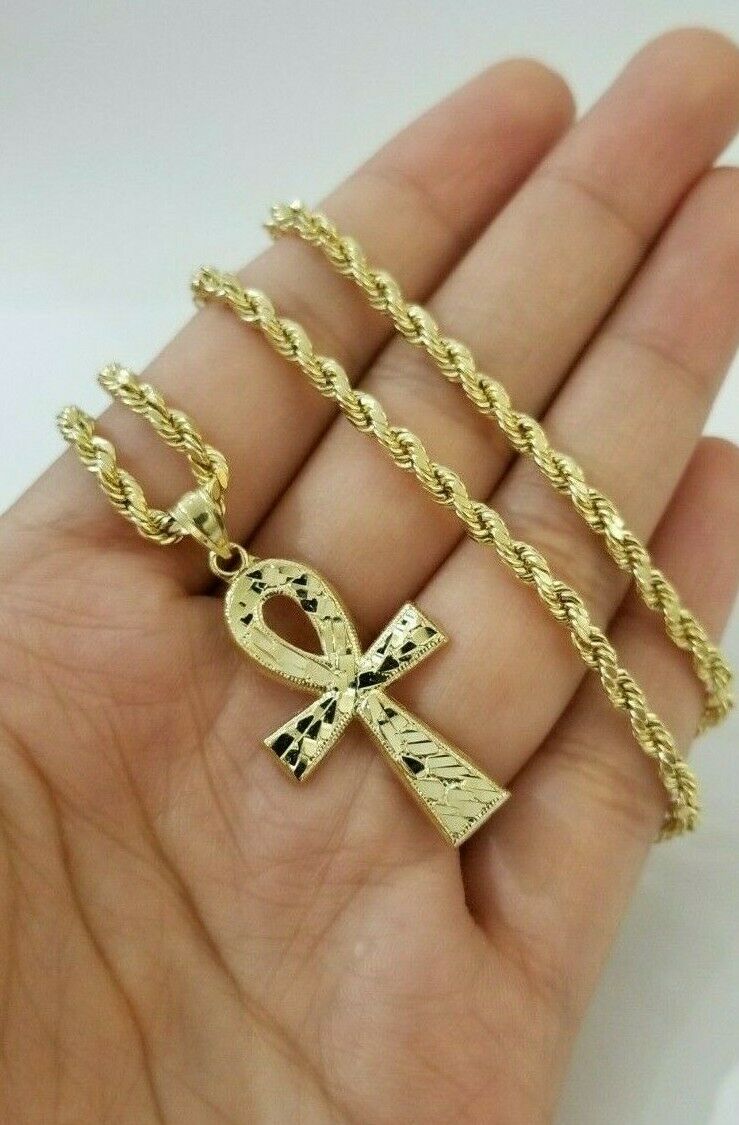 REAL 10k Yellow Gold Rope Chain Ankh Cross Charm Pendant 3mm Necklace Set 16 - 28" - GoldenlinQ