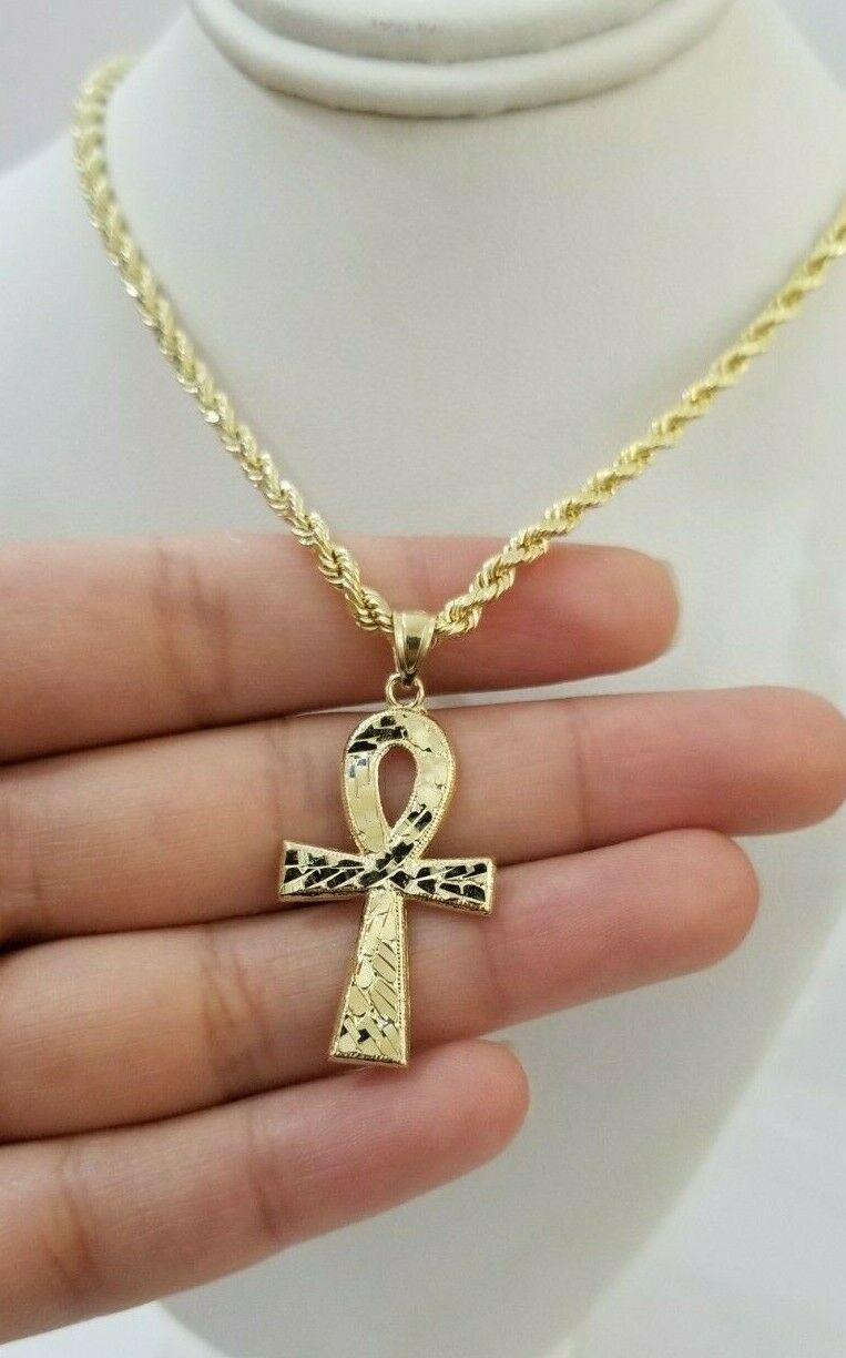 REAL 10k Yellow Gold Rope Chain Ankh Cross Charm Pendant 3mm Necklace Set 16 - 28" - GoldenlinQ