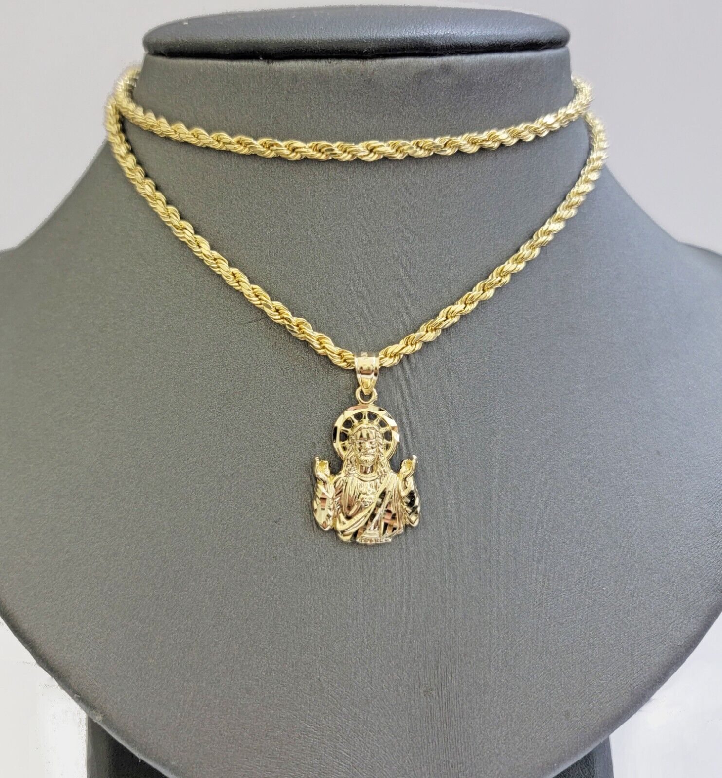 Real 10k Yellow Gold Rope Chain Charm Jesus Head Pendant SET 3mm Necklace - GoldenlinQ