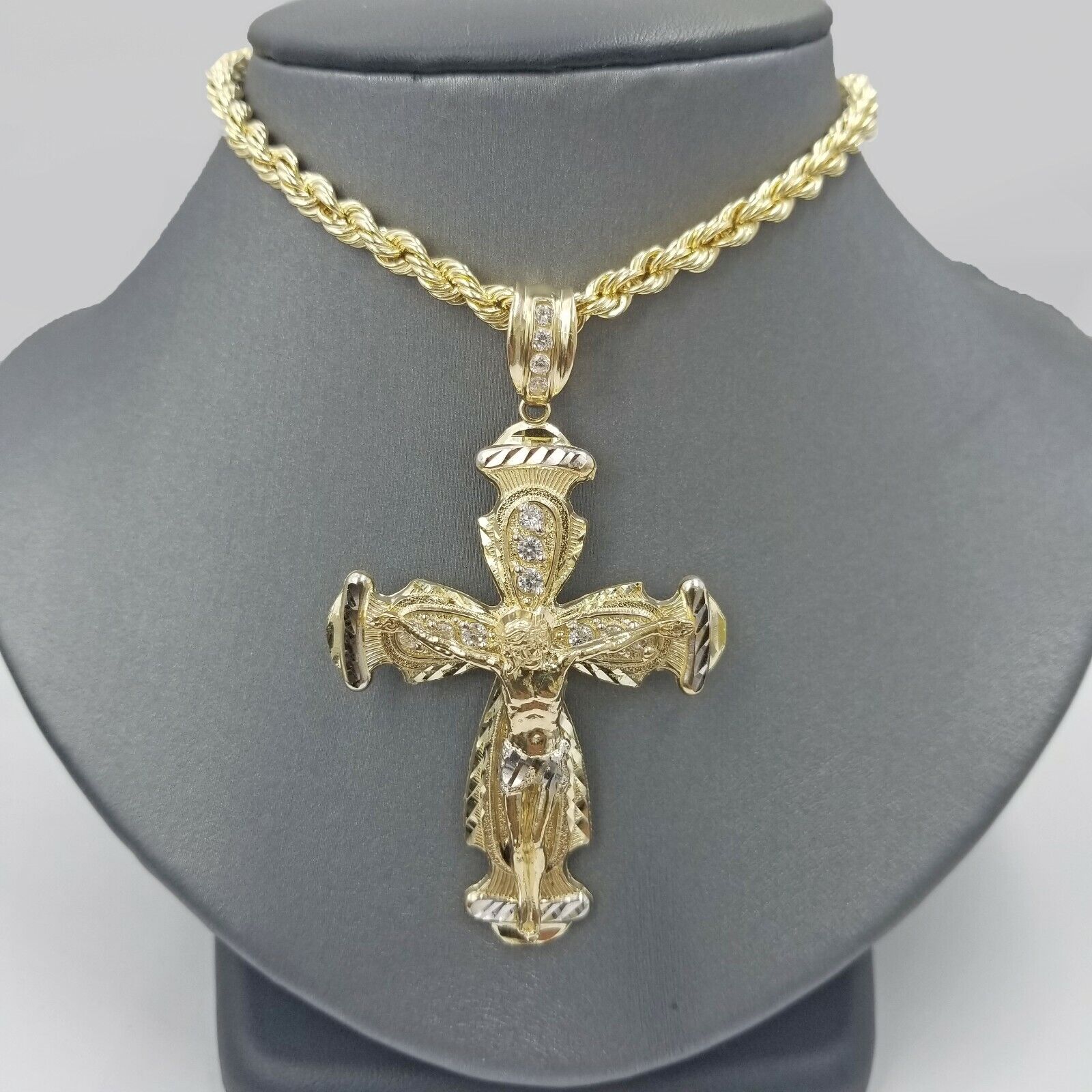 Real 10k Yellow Gold Rope Chain Crucifix Cross Pendent Jesus Diamond Cut Charm - GoldenlinQ