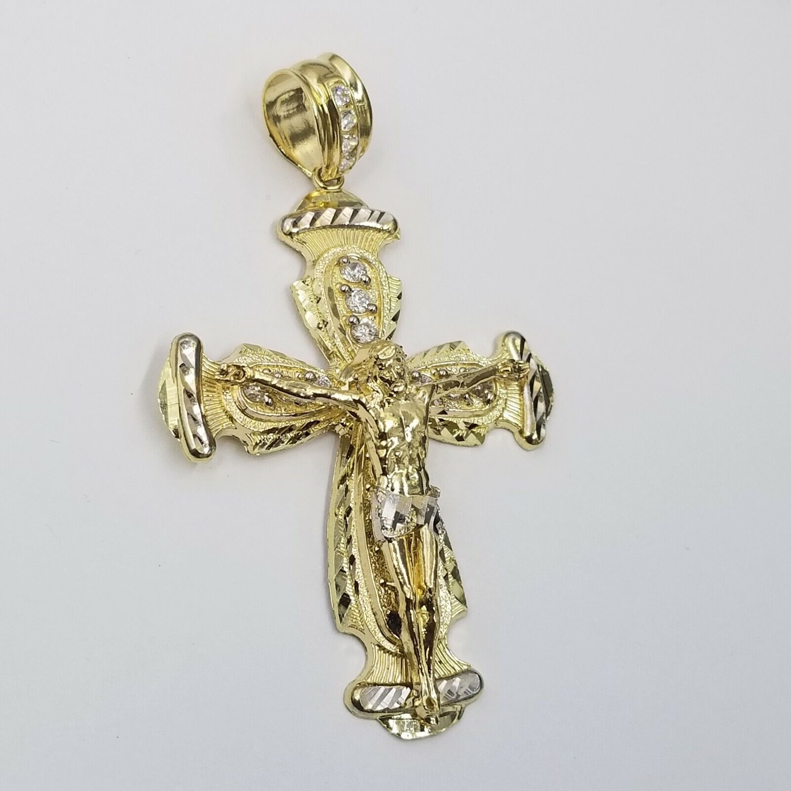 Real 10k Yellow Gold Rope Chain Crucifix Cross Pendent Jesus Diamond Cut Charm - GoldenlinQ