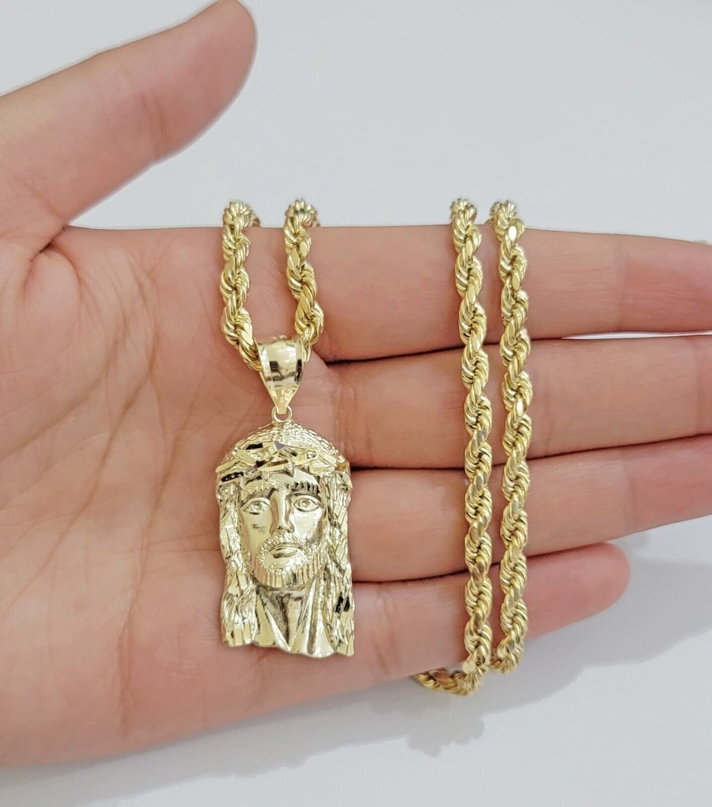 Real 10k Yellow Gold Rope Chain Jesus Charm Pendant SET 4mm 18 - 28 inch Necklace - GoldenlinQ
