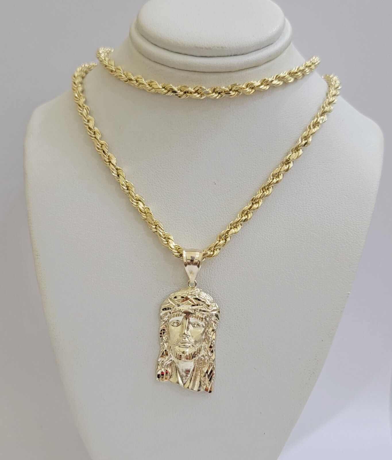 Real 10k Yellow Gold Rope Chain Jesus Charm Pendant SET 4mm 18 - 28 inch Necklace - GoldenlinQ
