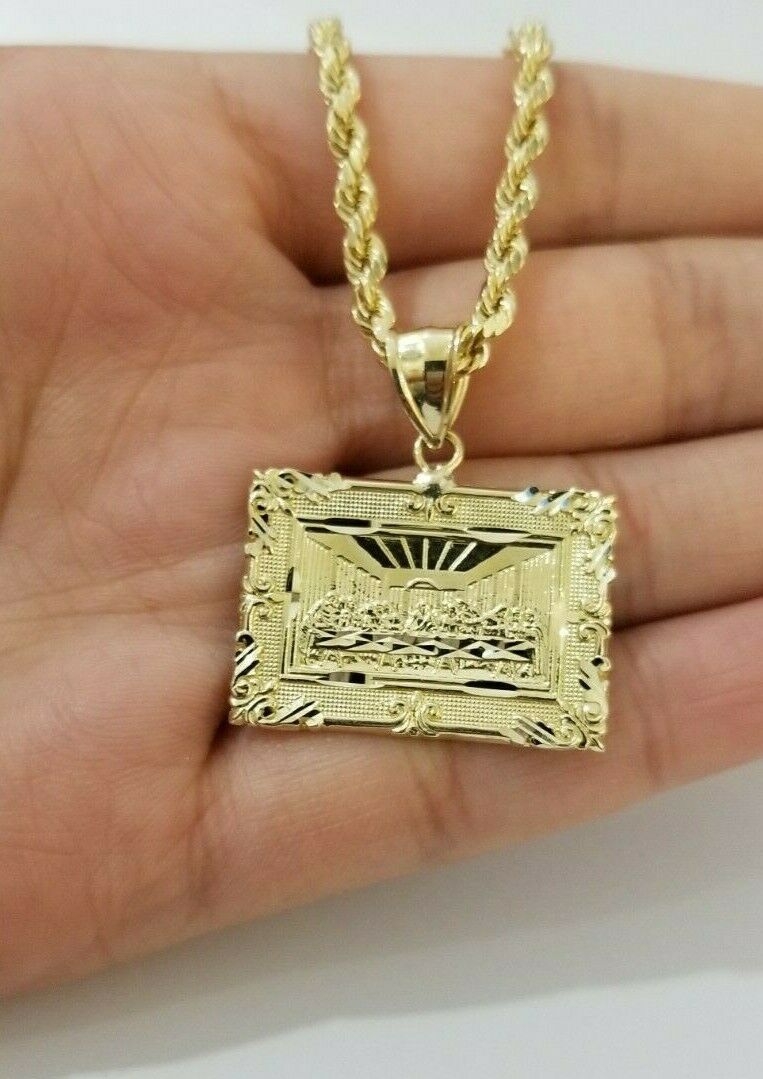 REAL 10k Yellow Gold Rope Chain Last Supper Charm Pendant SET 3mm Necklace 18 - 28 - GoldenlinQ