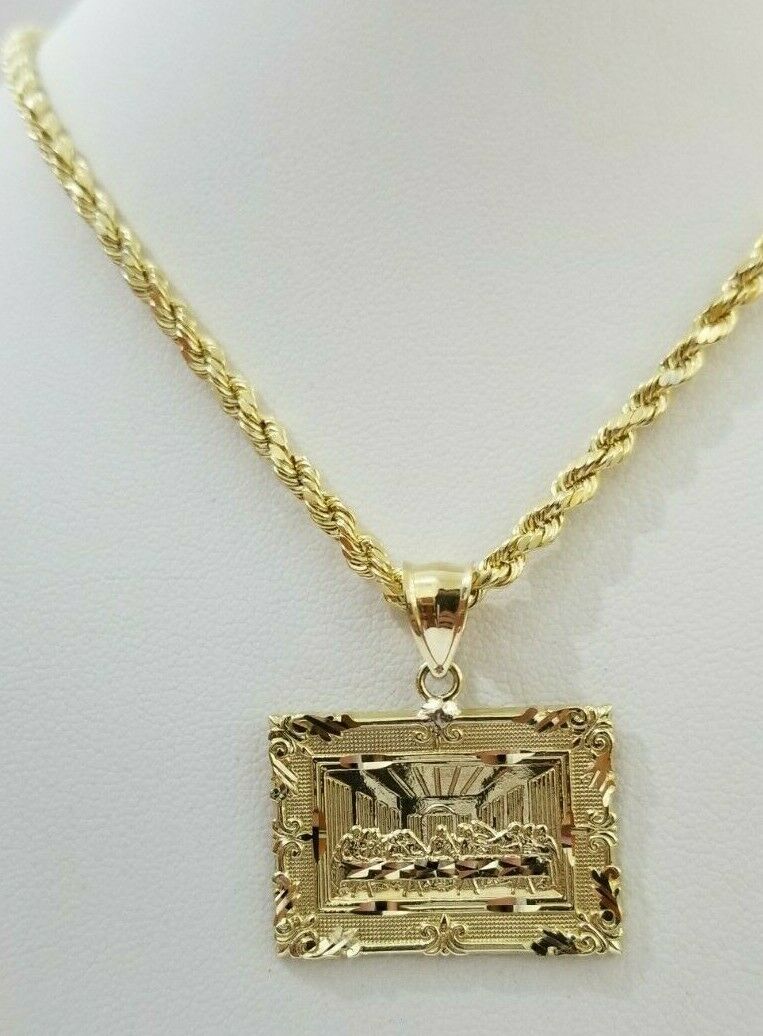 REAL 10k Yellow Gold Rope Chain Last Supper Charm Pendant SET 3mm Necklace 18 - 28 - GoldenlinQ