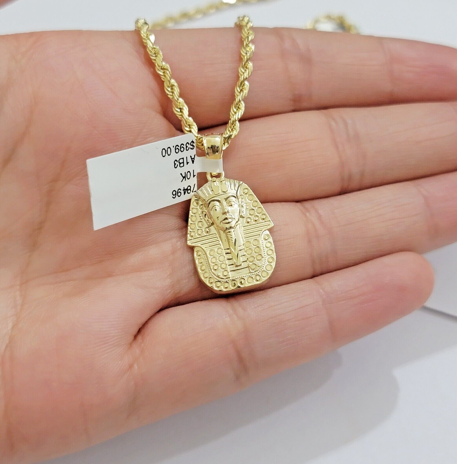 Real 10k Yellow Gold Rope Chain & Pharoah Head Pendant 2.5mm 18 - 26 inch Necklace - GoldenlinQ