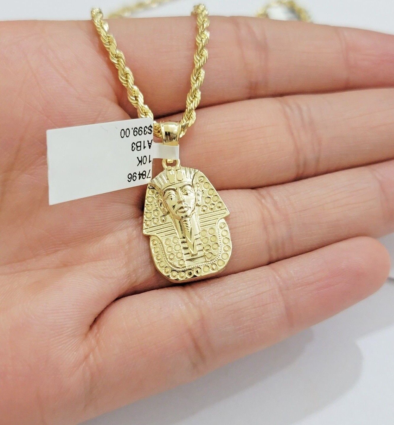 Real 10k Yellow Gold Rope Chain & Pharoah Head Pendant 2.5mm 18 - 26 inch Necklace - GoldenlinQ
