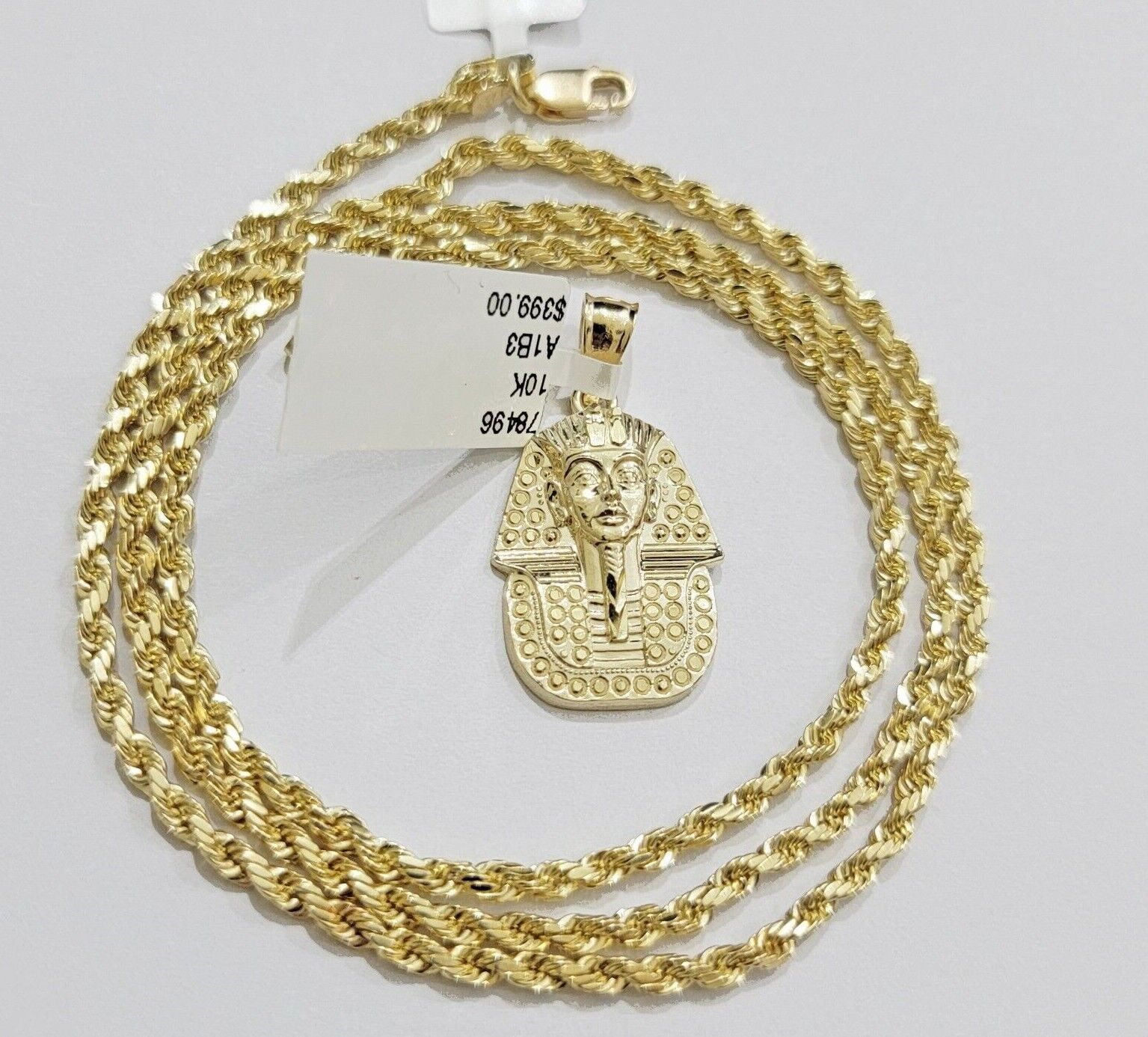 Real 10k Yellow Gold Rope Chain & Pharoah Head Pendant 2.5mm 18 - 26 inch Necklace - GoldenlinQ