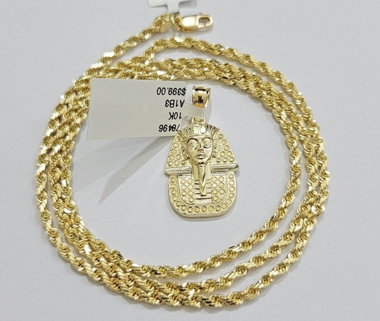 Real 10k Yellow Gold Rope Chain & Pharoah Head Pendant 2.5mm 18 - 26 inch Necklace - GoldenlinQ