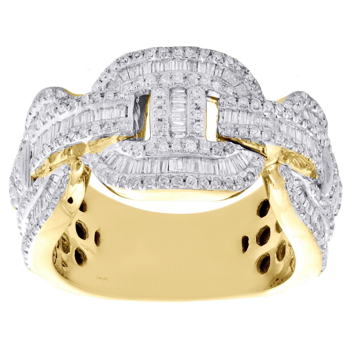 REAL 10K Yellow Gold Round Baguette Diamond Puff Link Cuban Band Ring 1.90CT AMB - GoldenlinQ